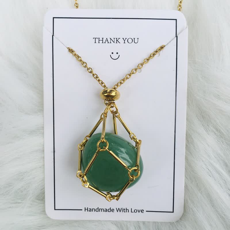 Olivenorma Small Natural Crystal Stone Pouch Necklace - Green Aventurine - Golden - image 5
