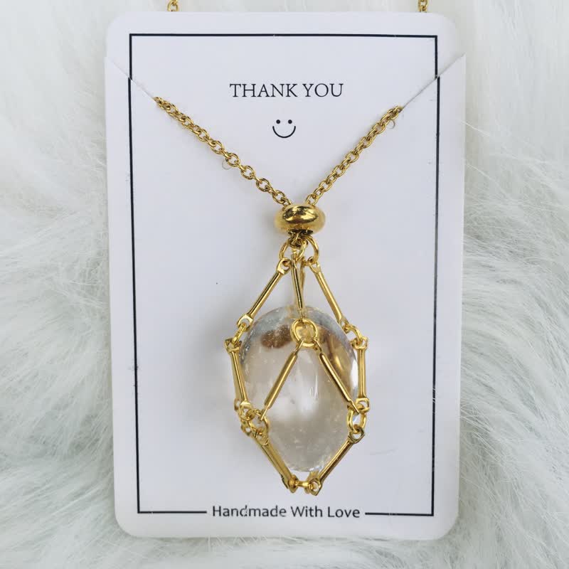 Olivenorma Small Natural Crystal Stone Pouch Necklace - Clear Crystal - Golden - image 11