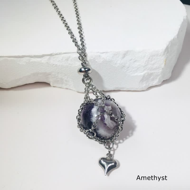 Olivenorma Natural Crystal Silver Color Pouch Heart Pendant Necklace - Amethyst - image 7
