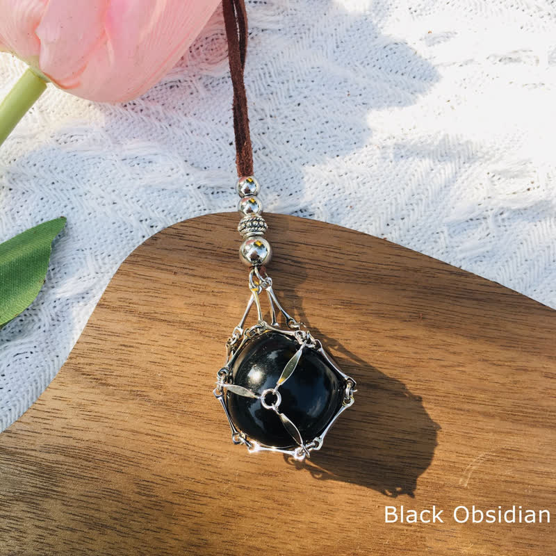 Olivenorma Medium Natural Crystal Pouch Leather Rope Necklace - Obsidian - image 17