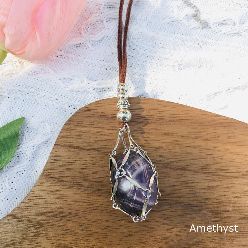 Olivenorma Medium Natural Crystal Pouch Leather Rope Necklace - Amethyst - image 5