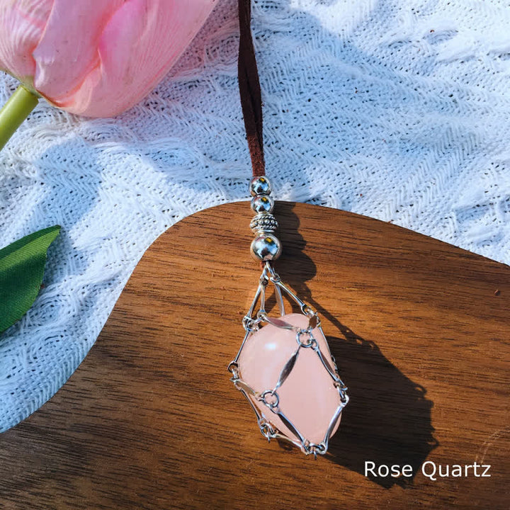 Olivenorma Medium Natural Crystal Pouch Leather Rope Necklace - Rose Quartz - image 1