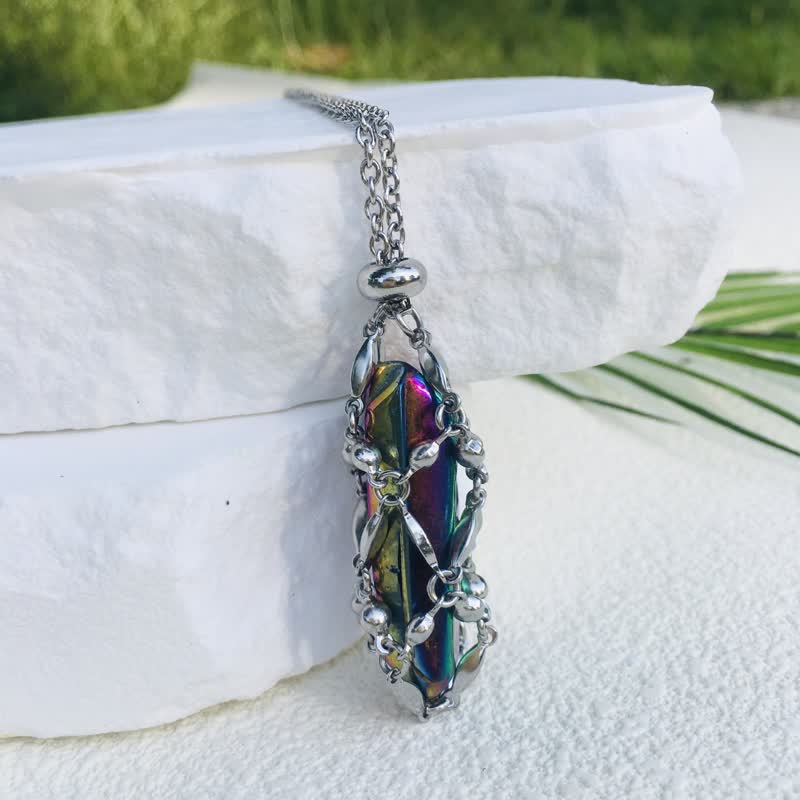 Olivenorma Rice Beads Chain Electroplated Crystal Pouch Necklace - Colorful - image 3