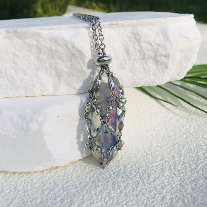 Olivenorma Rice Beads Chain Electroplated Crystal Pouch Necklace - Silver Grey - image 4