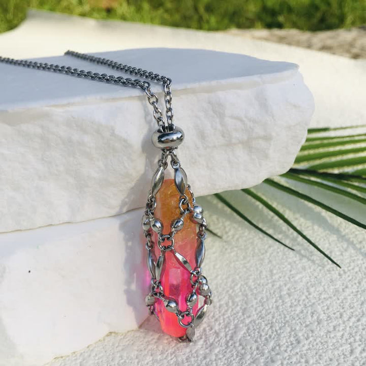 Olivenorma Rice Beads Chain Electroplated Crystal Pouch Necklace - Orange Pink - image 5