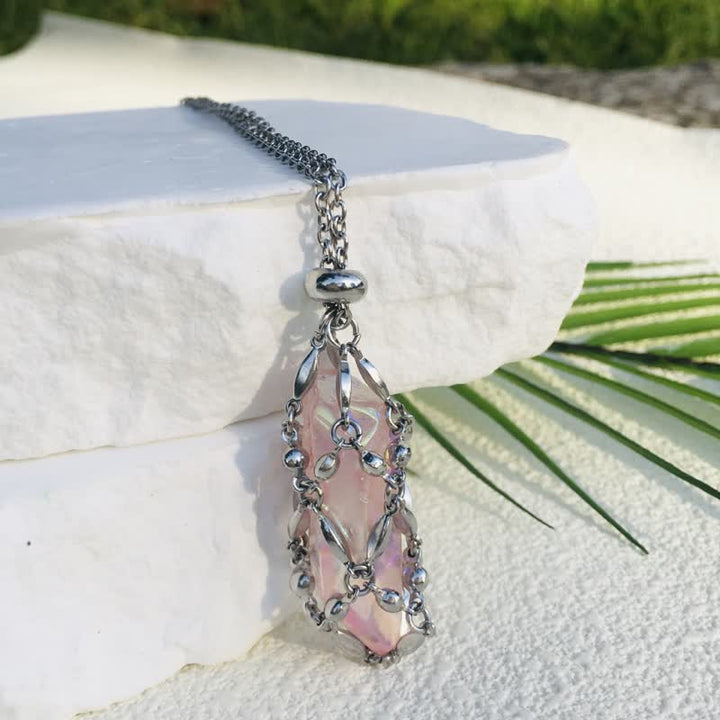 Olivenorma Rice Beads Chain Electroplated Crystal Pouch Necklace - Light Pink - image 6