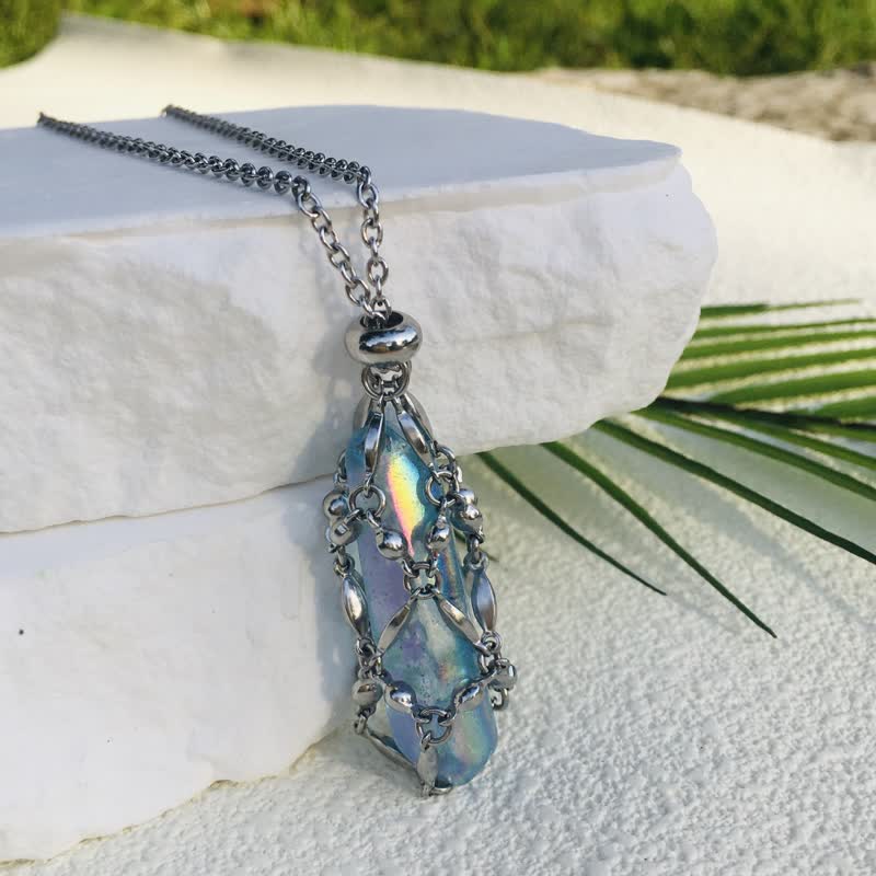 Olivenorma Rice Beads Chain Electroplated Crystal Pouch Necklace - Light Blue - image 7