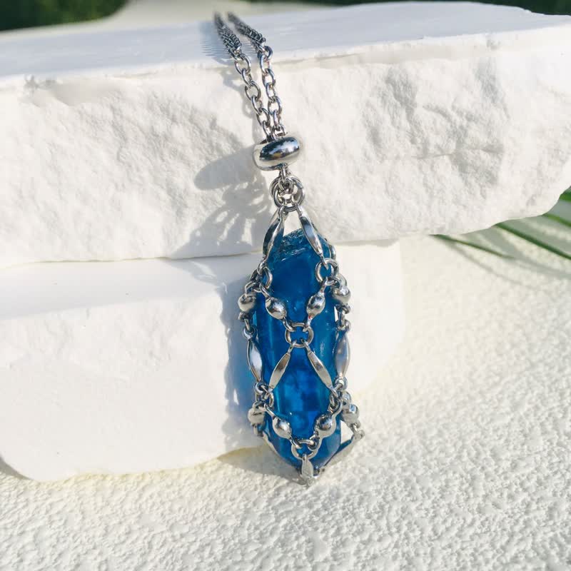 Olivenorma Rice Beads Chain Electroplated Crystal Pouch Necklace - Royal Blue - image 8