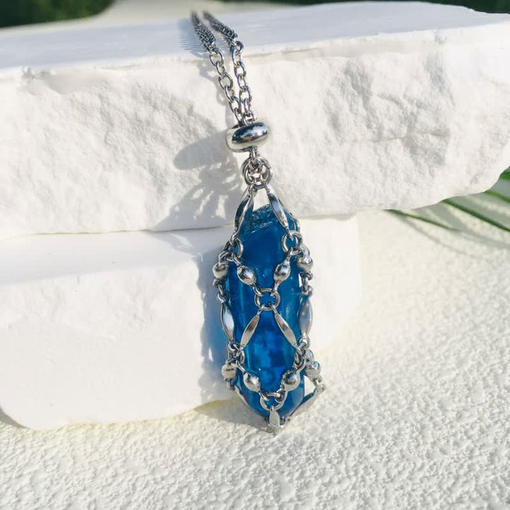 Olivenorma Rice Beads Chain Electroplated Crystal Pouch Necklace - Royal Blue - image 8