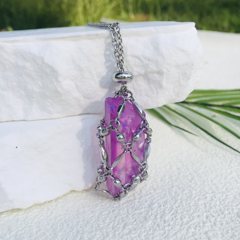 Olivenorma Rice Beads Chain Electroplated Crystal Pouch Necklace - Purple - image 9