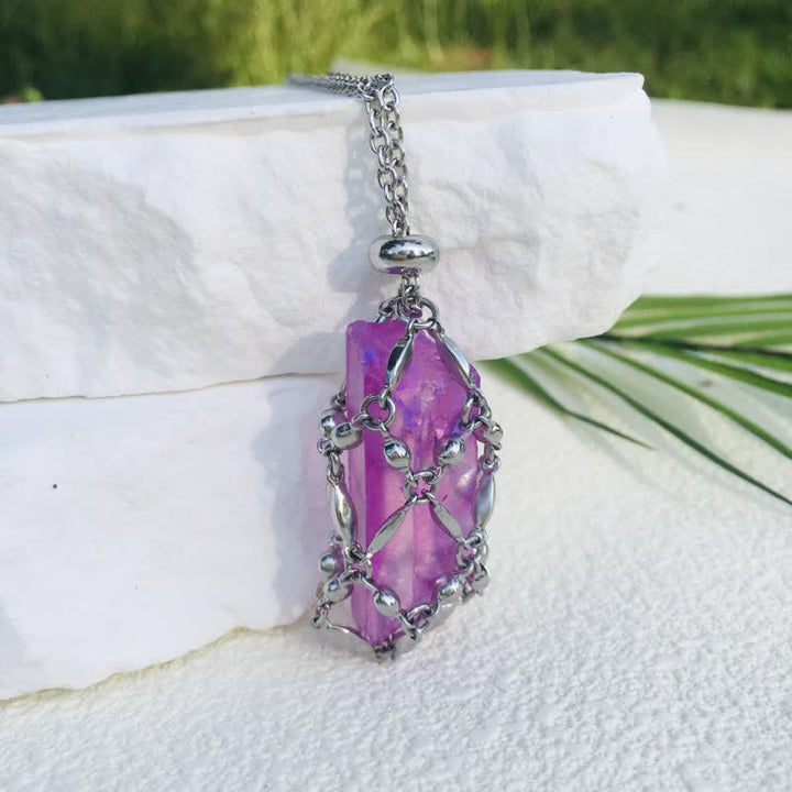 Olivenorma Rice Beads Chain Electroplated Crystal Pouch Necklace - Purple - image 9