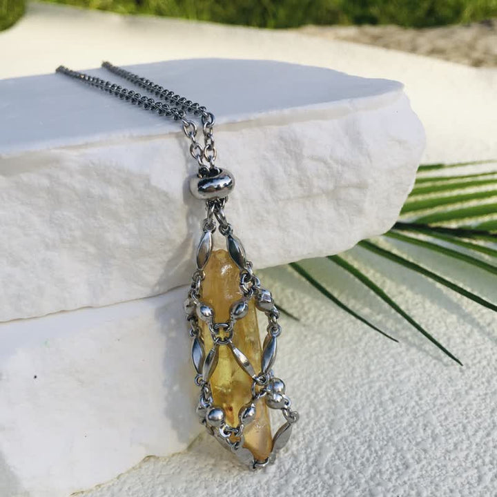 Olivenorma Rice Beads Chain Electroplated Crystal Pouch Necklace - Dark Yellow - image 11