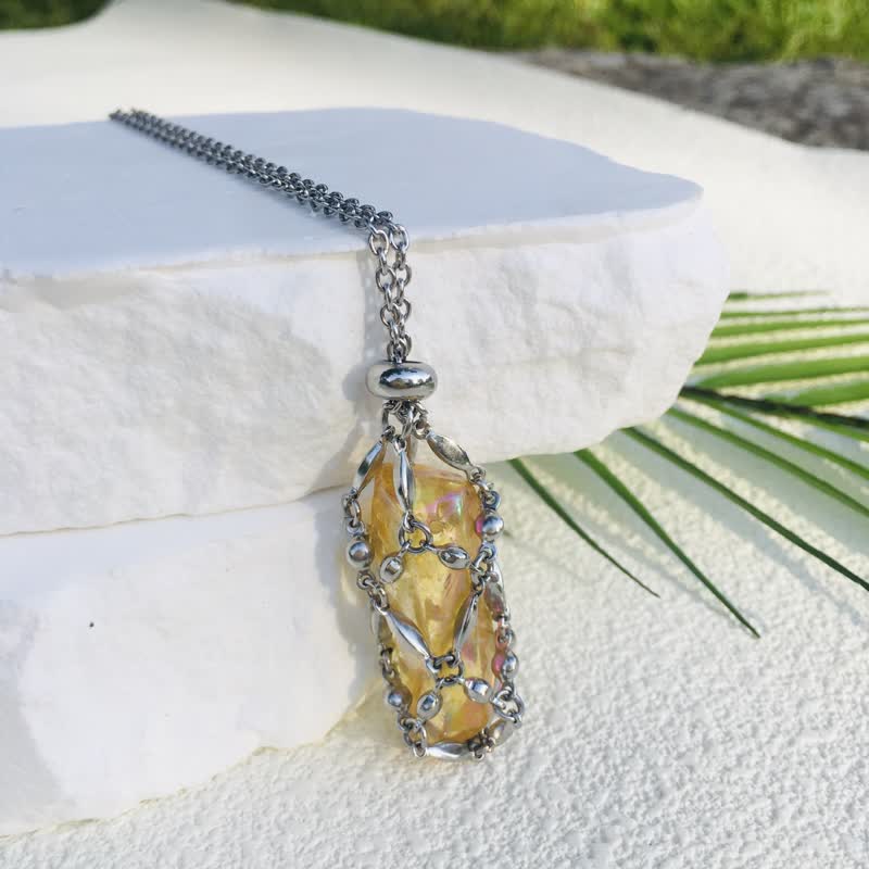 Olivenorma Rice Beads Chain Electroplated Crystal Pouch Necklace - Yellow - image 13