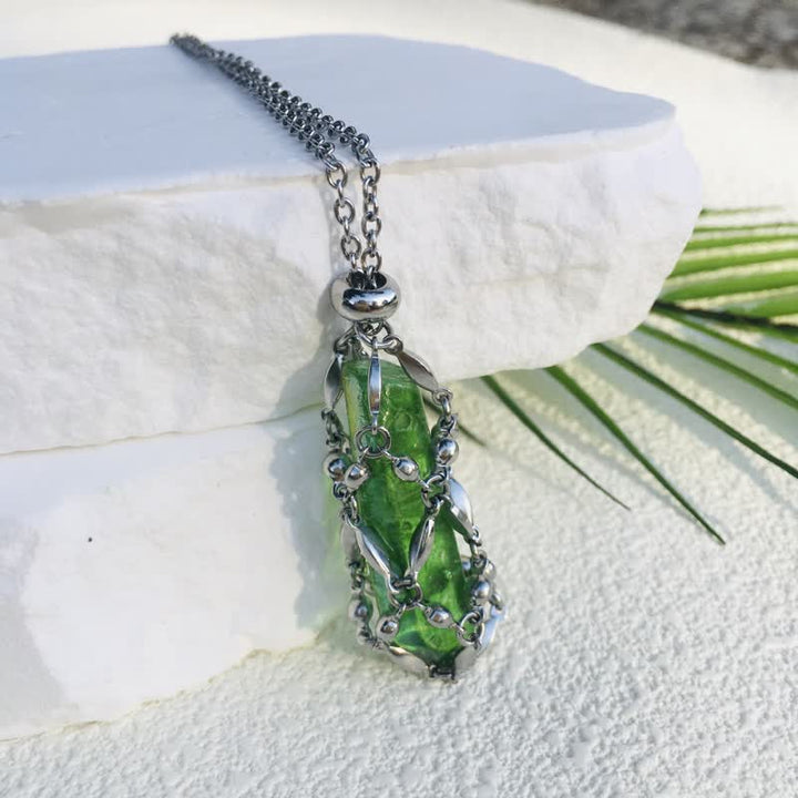 Olivenorma Rice Beads Chain Electroplated Crystal Pouch Necklace - Green - image 14