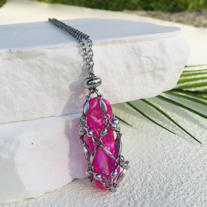 Olivenorma Rice Beads Chain Electroplated Crystal Pouch Necklace - Rose Red - image 15