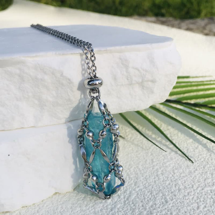 Olivenorma Rice Beads Chain Electroplated Crystal Pouch Necklace - Sky Blue - image 17