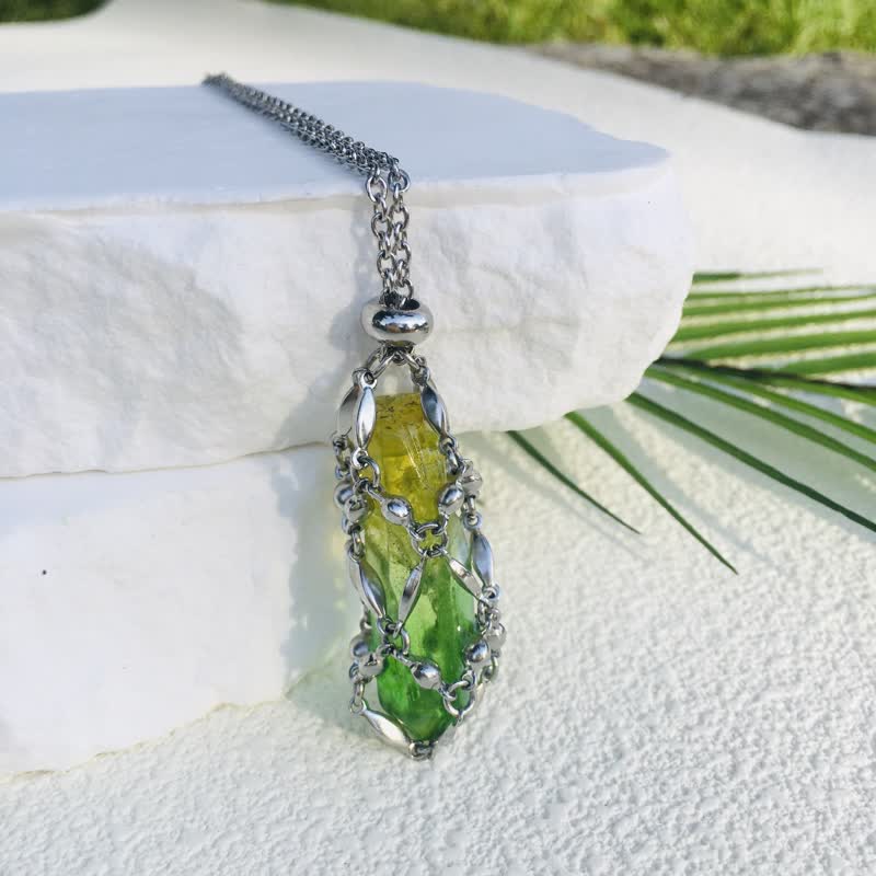 Olivenorma Rice Beads Chain Electroplated Crystal Pouch Necklace - Yellow Green - image 18