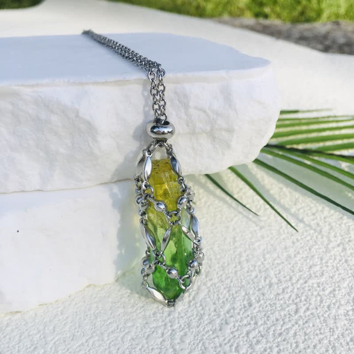 Olivenorma Rice Beads Chain Electroplated Crystal Pouch Necklace - Yellow Green - image 18