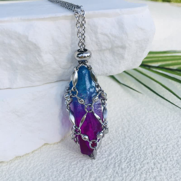 Olivenorma Rice Beads Chain Electroplated Crystal Pouch Necklace - Blue Purple - image 19