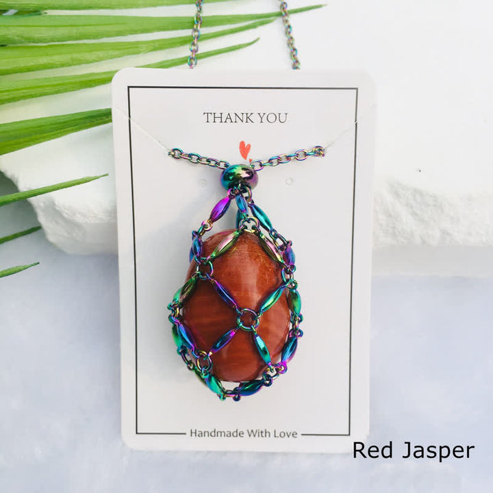 Olivenorma Color Plating Rice Beads Chain Crystal Pouch Necklace - Red Jasper - image 9