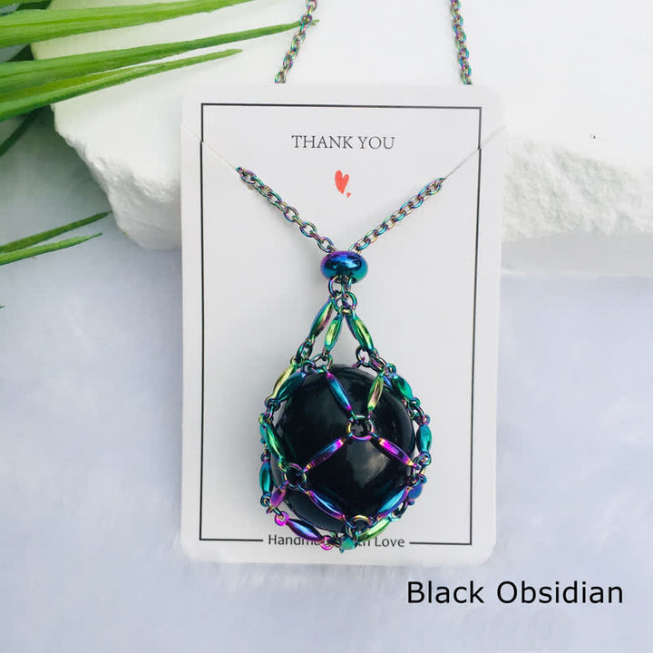Olivenorma Color Plating Rice Beads Chain Crystal Pouch Necklace - Obsidian - image 17