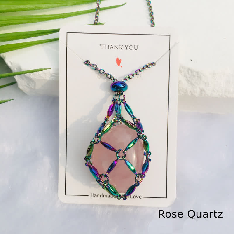 Olivenorma Color Plating Rice Beads Chain Crystal Pouch Necklace - Rose Quartz - image 1