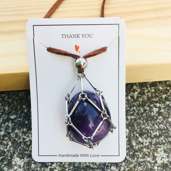 Olivenorma Natural Crystal Pouch Leather Rope Necklace - Amethyst - image 6