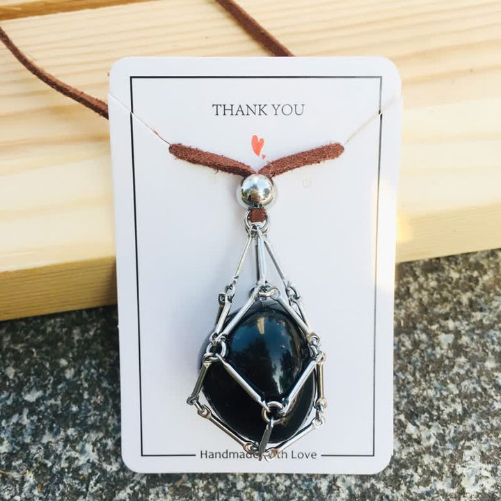 Olivenorma Natural Crystal Pouch Leather Rope Necklace - Obsidian - image 25