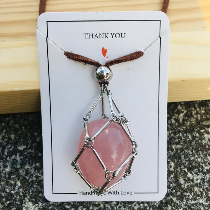 Olivenorma Natural Crystal Pouch Leather Rope Necklace - Rose Quartz - image 1
