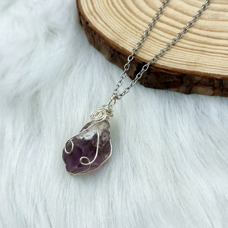 Olivenorma Natural Crystal Hand Winding Pouch Necklace - Amethyst - Silver - image 1