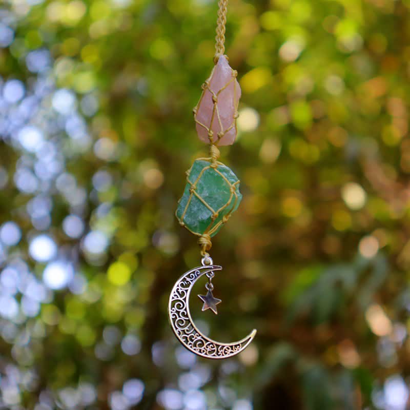 Olivenorma Handwoven Raw Crystal Ornament Crystal Pouch - Rose Quartz & Green Fluorite - Silver - image 2