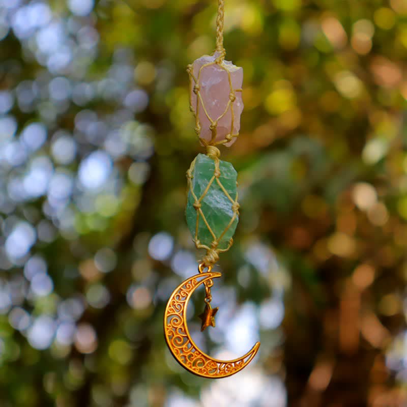Olivenorma Handwoven Raw Crystal Ornament Crystal Pouch - Rose Quartz & Green Fluorite - Golden - image 1