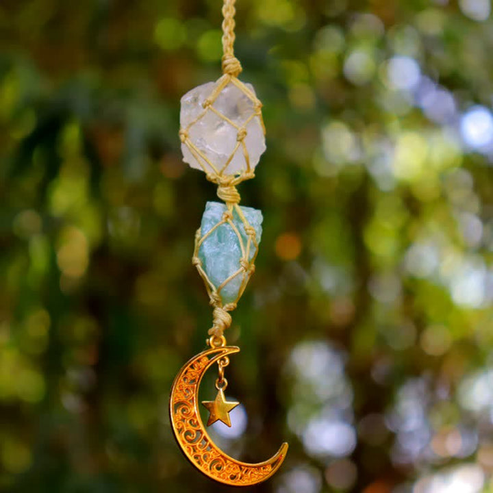 Olivenorma Handwoven Raw Crystal Ornament Crystal Pouch - Clear Crystal & Fluorite - Golden - image 13