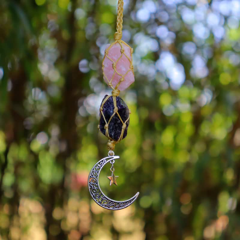Olivenorma Handwoven Raw Crystal Ornament Crystal Pouch - Rose Quartz & Amethyst - Silver - image 18