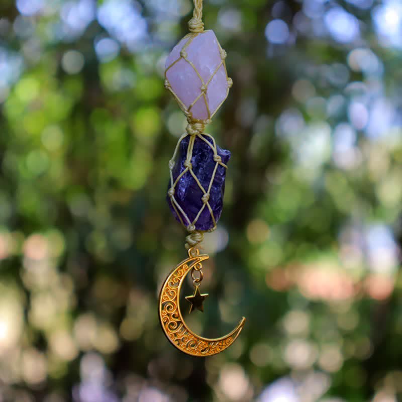 Olivenorma Handwoven Raw Crystal Ornament Crystal Pouch - Rose Quartz & Amethyst - Golden - image 17