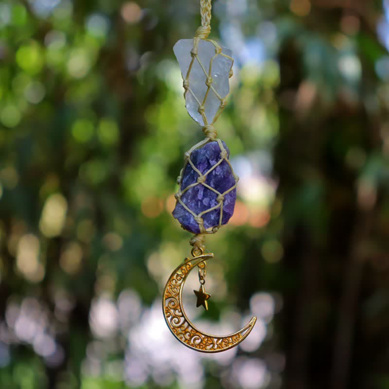 Olivenorma Handwoven Raw Crystal Ornament Crystal Pouch - Clear Crystal & Amethyst - Golden - image 19
