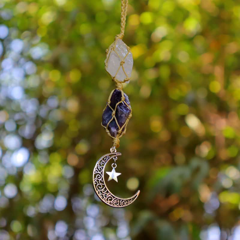 Olivenorma Handwoven Raw Crystal Ornament Crystal Pouch - Clear Crystal & Amethyst - Silver - image 20