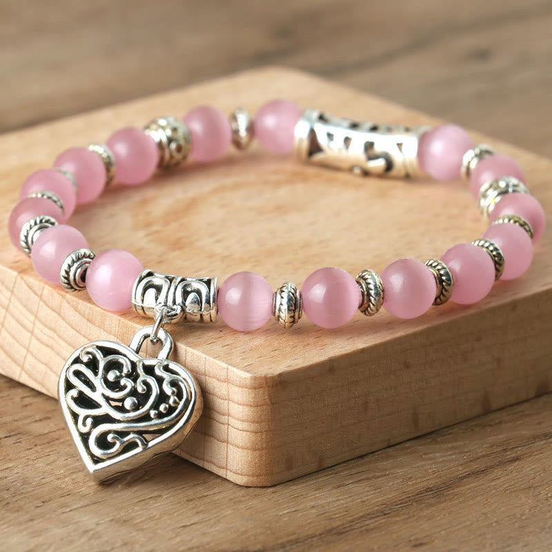 Olivenorma Hollow Love Pendant Pink Cat's Eye Bracelet - Pink Cat's Eye Stone - image 0