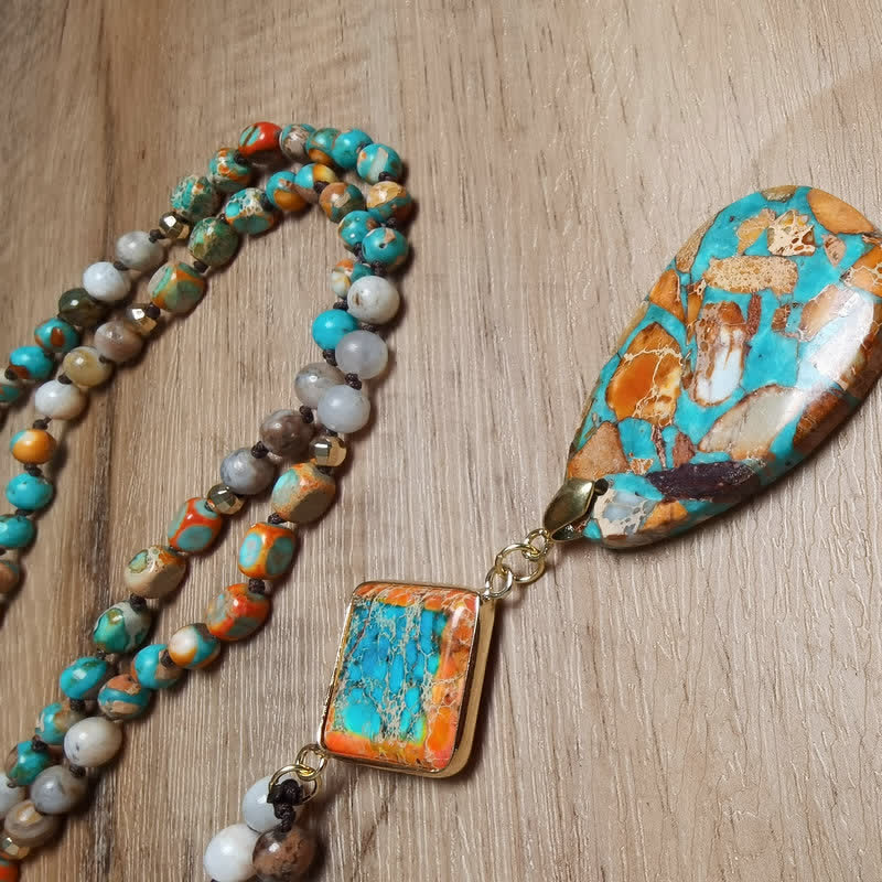 Olivenorma Natural Drop Shape Oyster Turquoise Mala Necklace - image 2