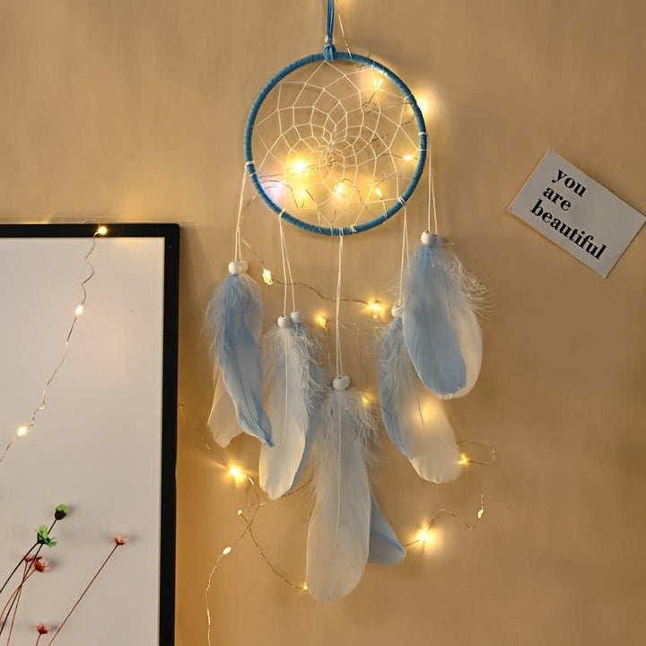Olivenorma Handwoven Feather Pendant Pink Color Dream Catcher - Blue - With Light - image 8