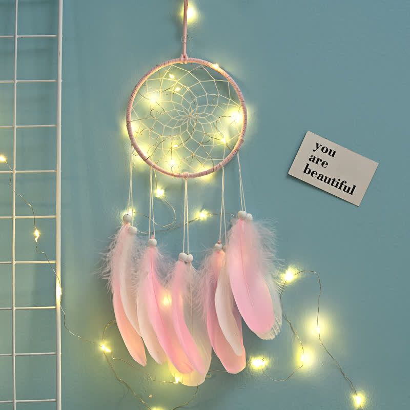 Olivenorma Handwoven Feather Pendant Pink Color Dream Catcher - Pink - With Light - image 2