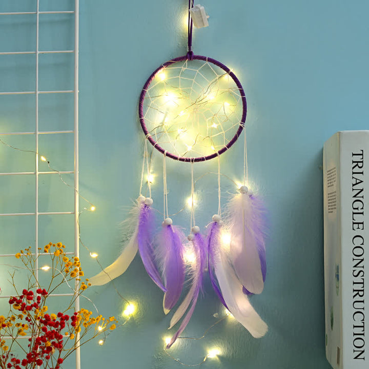 Olivenorma Handwoven Feather Pendant Pink Color Dream Catcher - Dark Purple - With Light - image 6