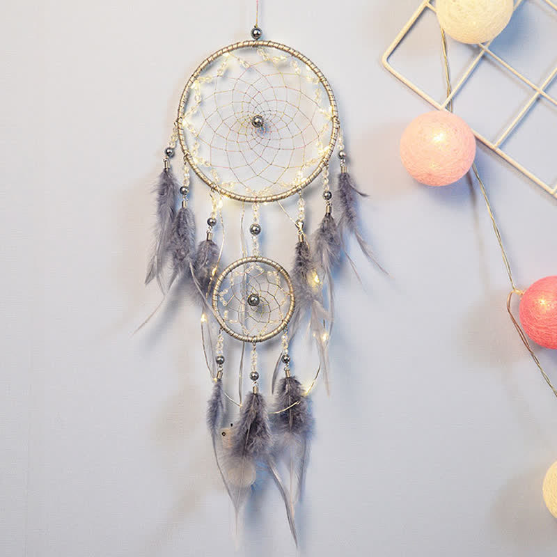 Olivenorma Handwoven Blue Gray Feather Dream Catcher - With Light - image 1