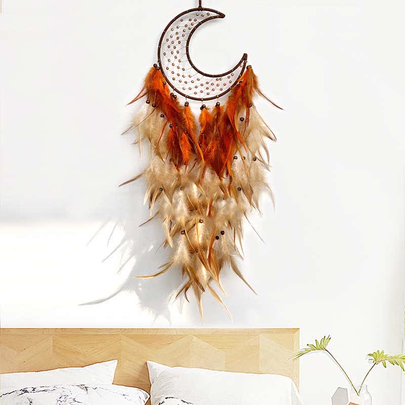 Olivenorma Woven Moon Contrasting Color Feather Dream Catcher - Orange Brown - image 4
