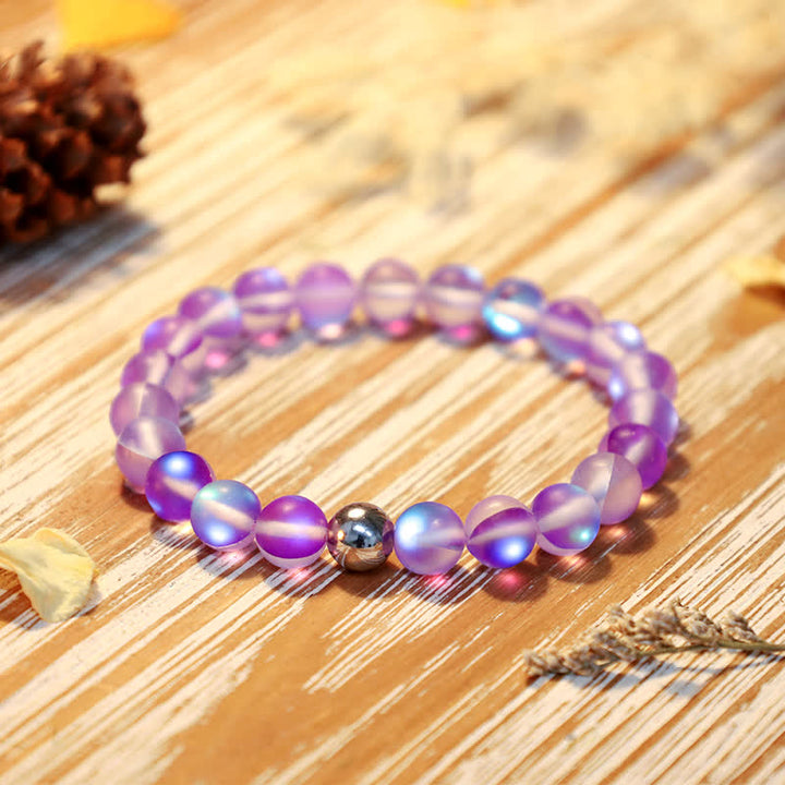 Olivenorma 8mm Mermaid Glass Stainless Steel Beaded Bracelet - Purple - image 0