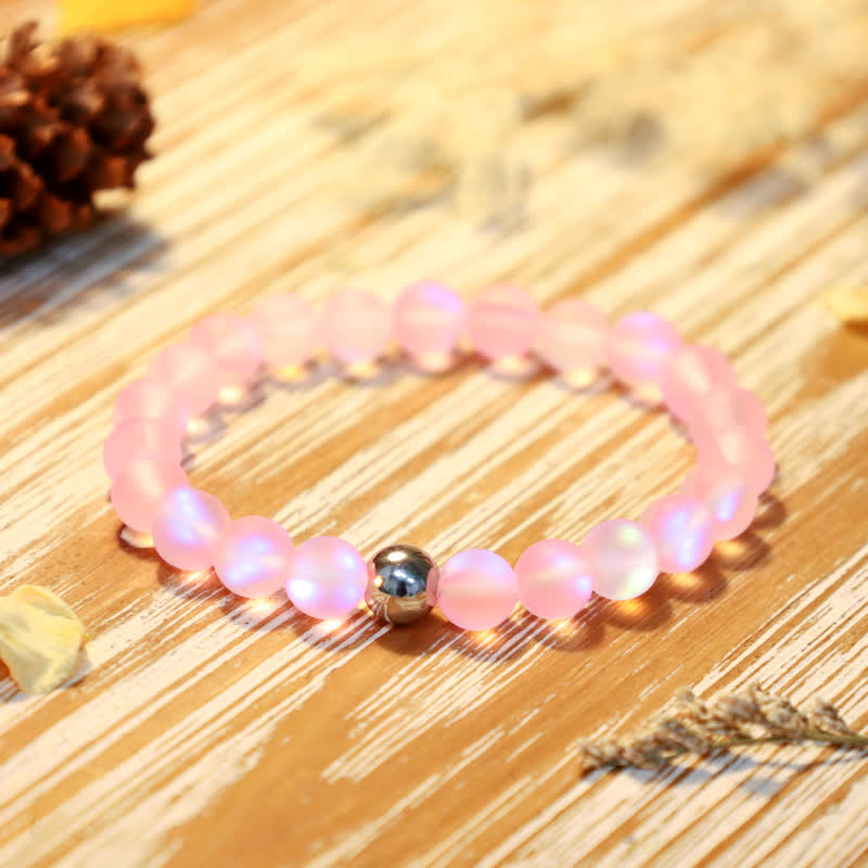 Olivenorma 8mm Mermaid Glass Stainless Steel Beaded Bracelet - Light Pink - image 3
