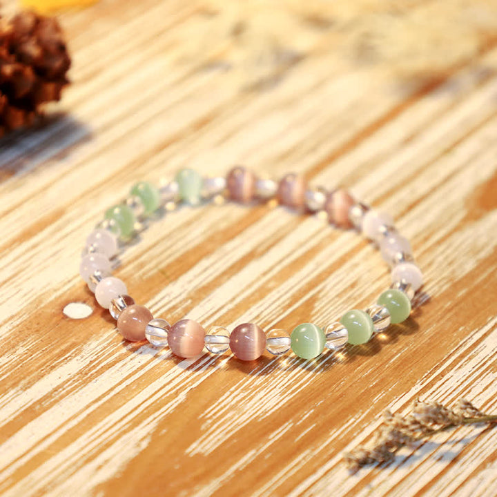 Olivenorma 6mm Mermaid Glass Cat's Eye Stone Beaded Bracelet - White Crystal & Pink Cat's Eye & Green Cat's Eye - image 11