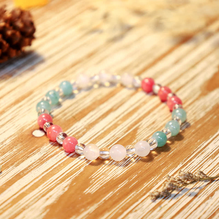 Olivenorma 6mm Mermaid Glass Cat's Eye Stone Beaded Bracelet - White Crystal & Green Aventurine & Strawberry Quartz - image 4