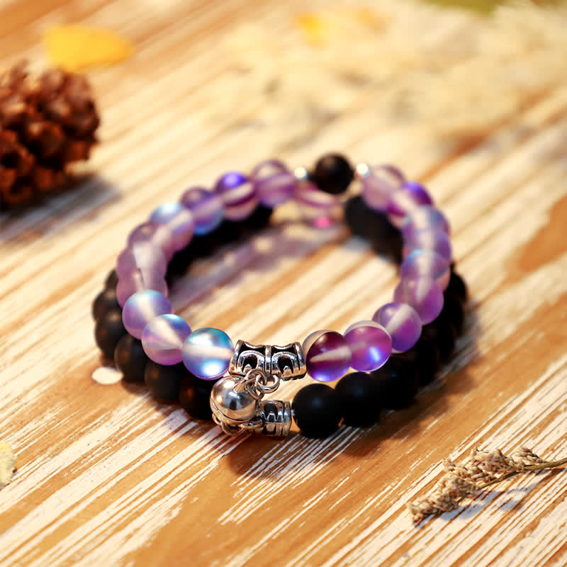Olivenorma 8mm Mermaid Glass Black Onyx Beaded Bracelet - Purple Mermaid Glass & Black Onyx - image 0