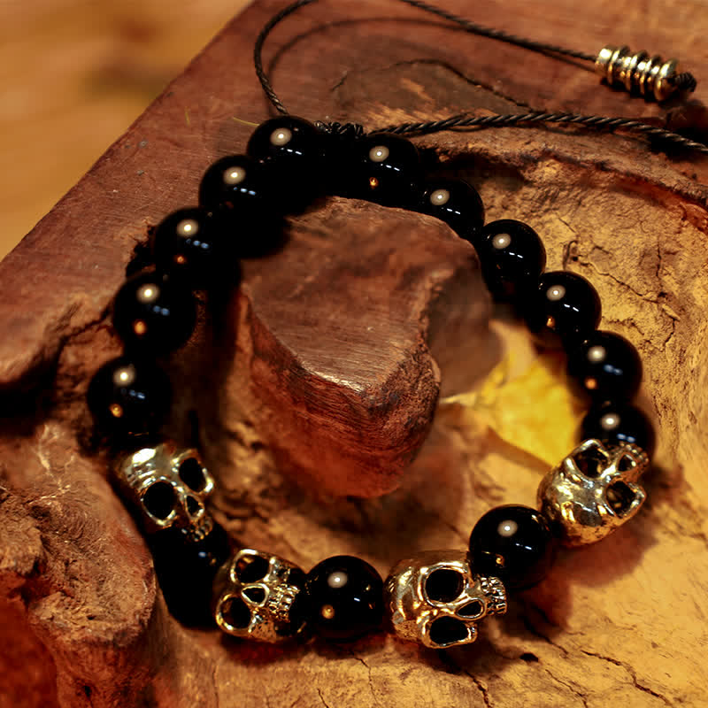 Olivenorma Obsidian Alloy Skull Beaded Adjustable Bracelet - Obsidian - image 0